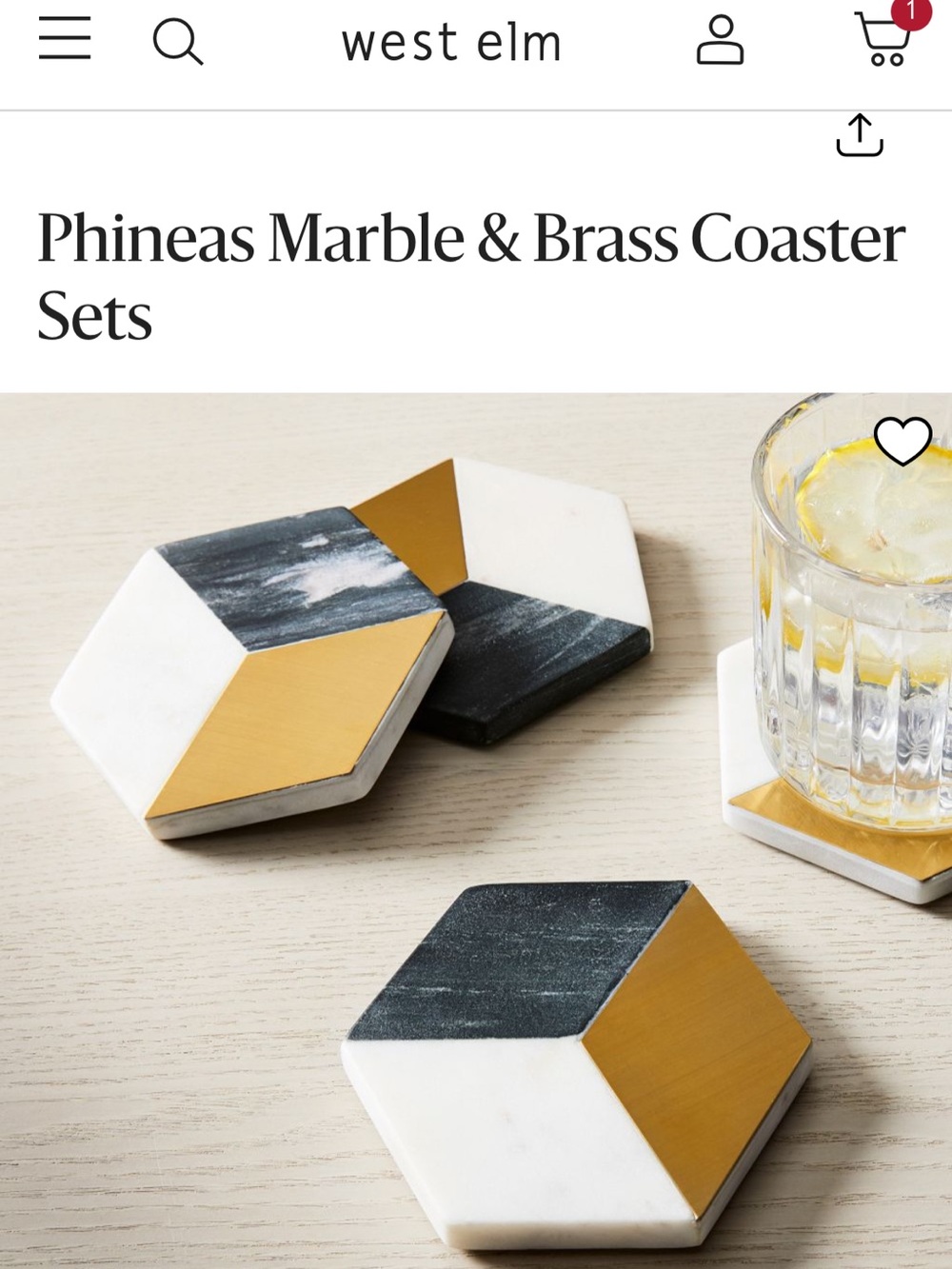 West Elm Hex Marble Coaster Set in Marble and Brass